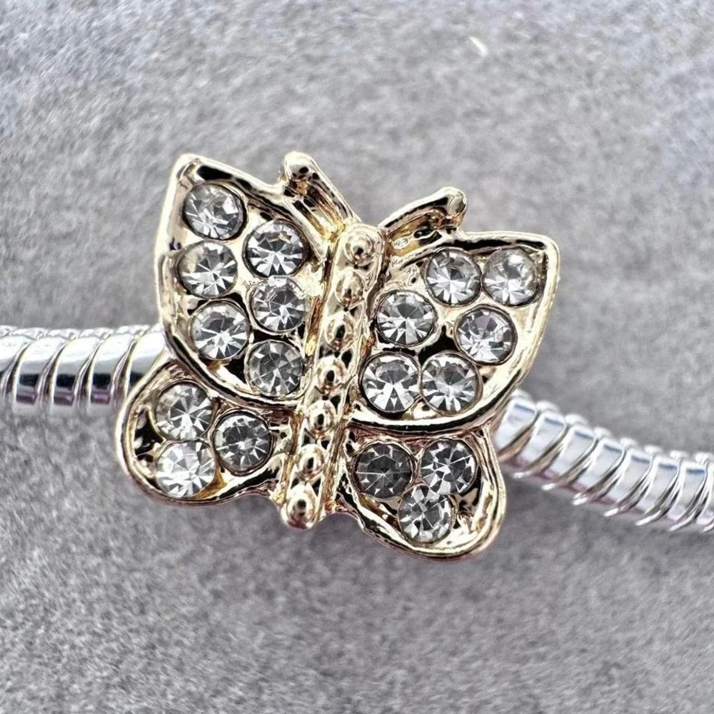 Gold Rhinestone Tone Crystal Butterfly European Bead Charm fits PANDORA